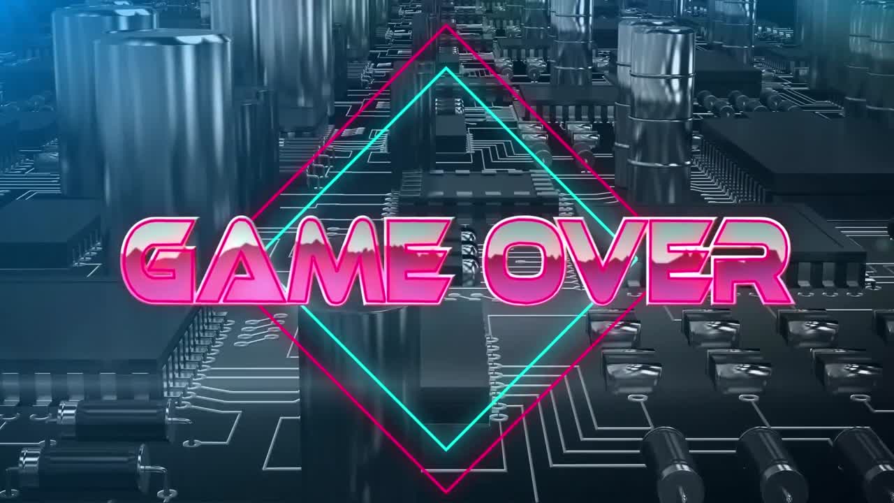 메인보드의 마이크로프로세서 연결의 클로즈업에 대항하여 네온 사각형의 텍스트에 대한 게임