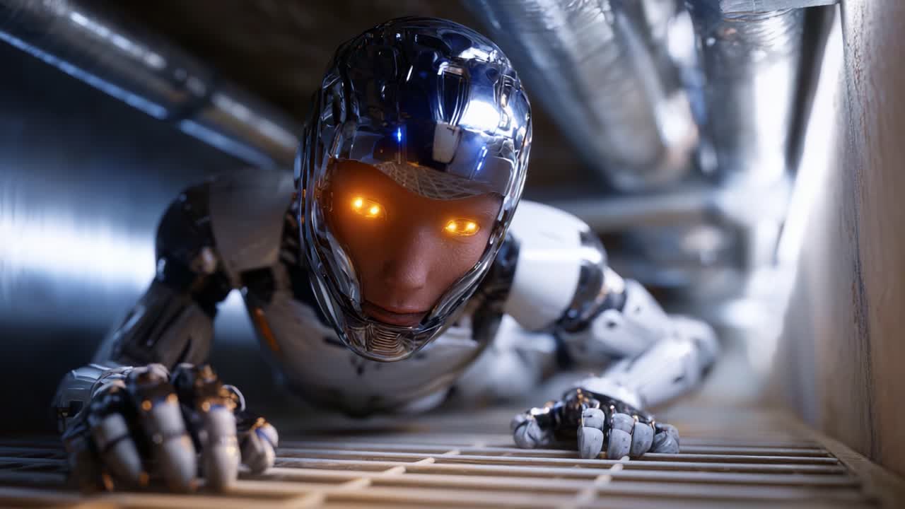 Gelecek temalı bir ortamda, gelişmiş tasarımı ve mekanik becerilerini sergileyen, parlayan gözlere sahip insansı bir robot, dar bir metalik koridorda ilerliyor