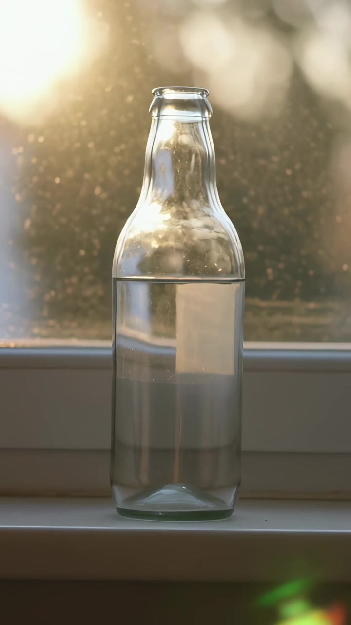 Vertical video: Low sun entering window clear glass bottle casting shifting glare on white sill