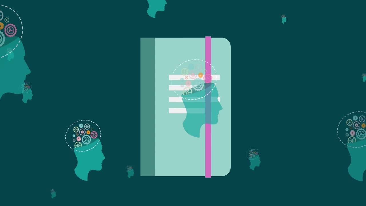 animación de la cabeza con iconos de engranajes sobre el cuaderno