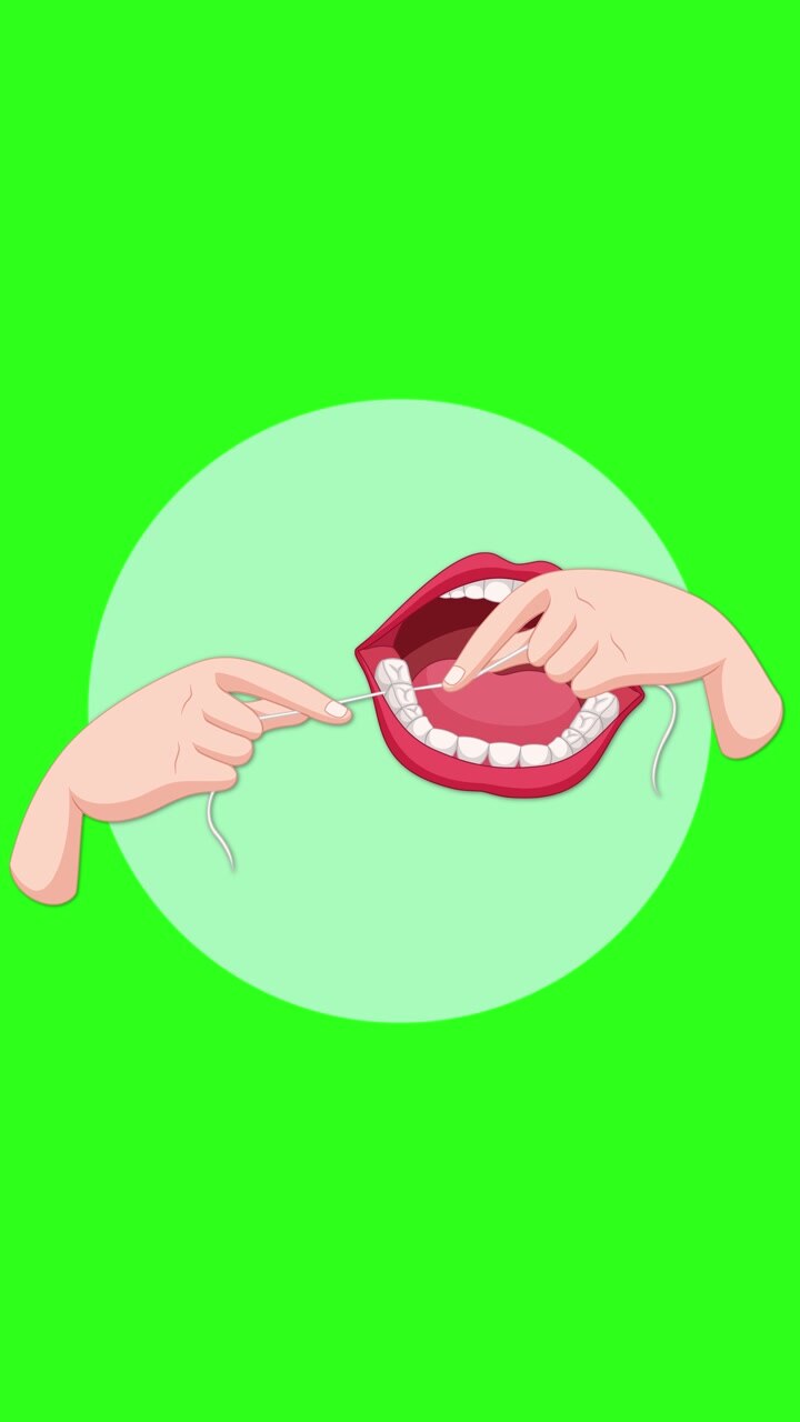 Illustrazione animata di una persona che usa il filo interdentale su sfondo verde