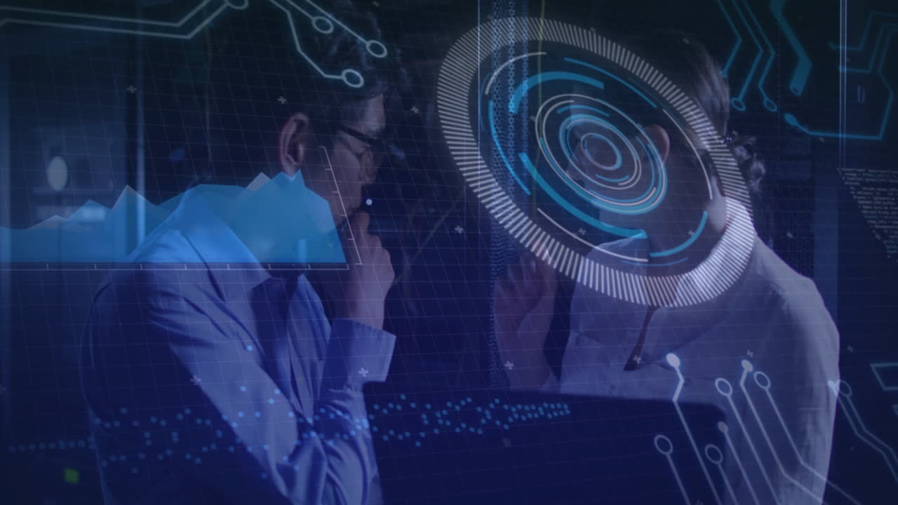 Analyzing digital data, business professionals using animation for futuristic interface