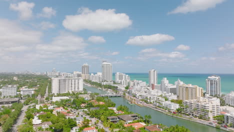 Aufsteigende-Luftaufnahme-Eines-Luxuriösen-Wohnviertels-Und-Ferienkomplexes-An-Der-Küste.-Miami,-USA