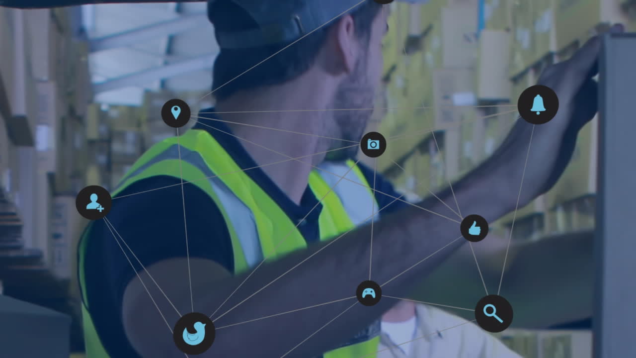 animación de una red de iconos digitales contra un trabajador caucásico cargando cajas en una furgoneta de entrega