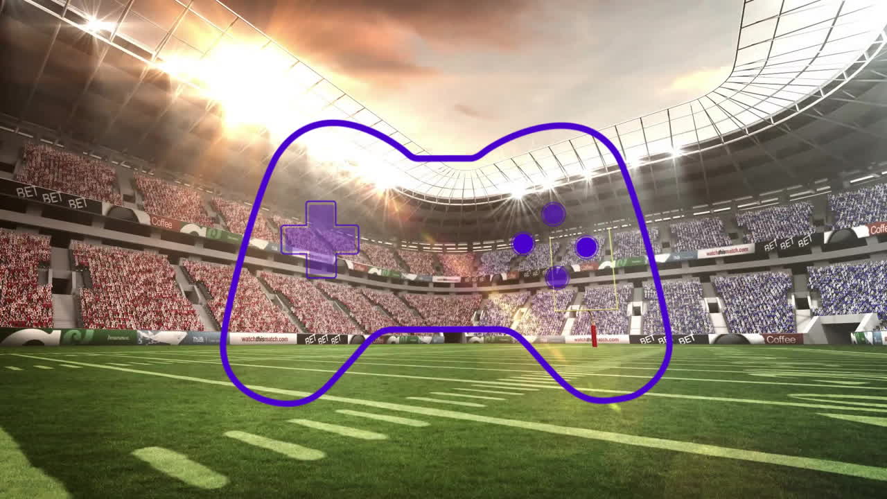 Animation of large game controller outline over field with cheering fans in stadium