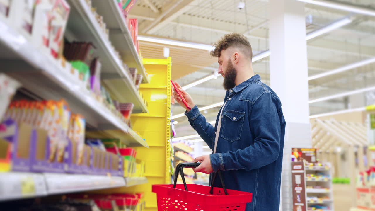 한 남자가 식료품 가게에서 간식을 구입하고 있다