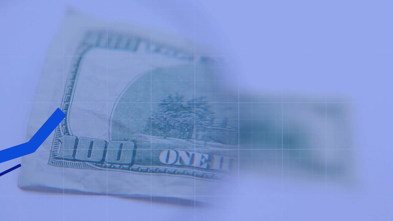 100-dollar bill drifting and focusing while blue trend lines entering, rising, showing market trend