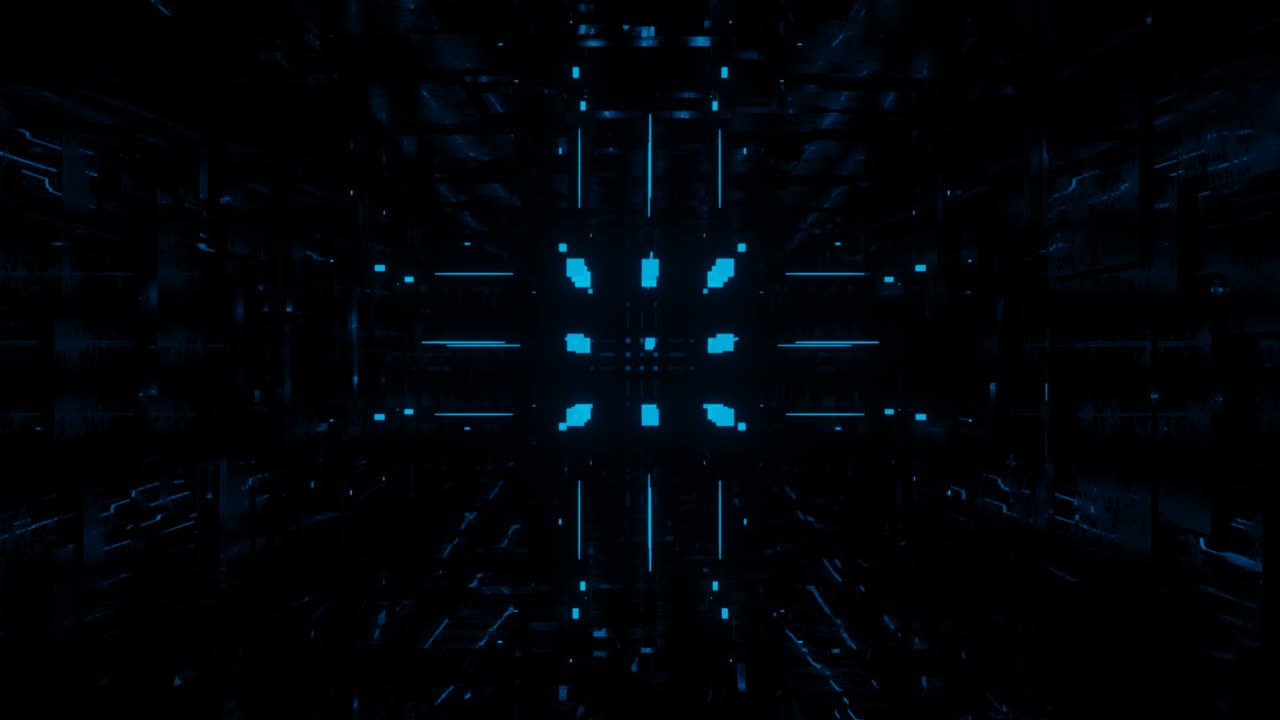 cubes structure. 3d object or structure rotates and moves inside glass mirror tunnel with neon light, bright reflections. Fantastic abstract bg looped in 4k. Vj for show. Sci fi bg fly hi tech tunnel