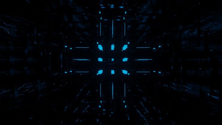 Struttura di cubi. Oggetto o struttura 3D ruota e si muove all'interno di un tunnel a specchio di vetro con luce al neon, riflessi luminosi. Sfondo astratto fantastico in loop in 4k. Vj per spettacolo. Sfondo sci-fi, tunnel hi-tech volante