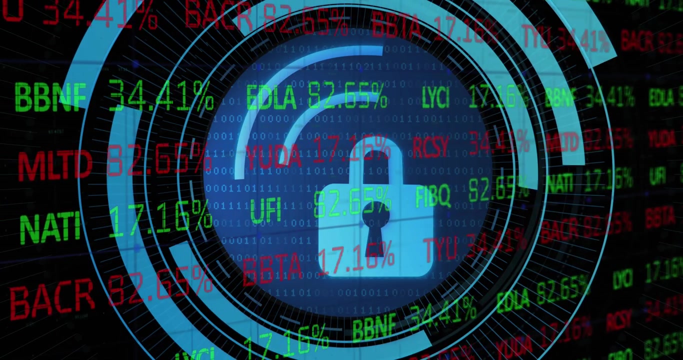 Animation of stock market data processing over security padlock on round scanner