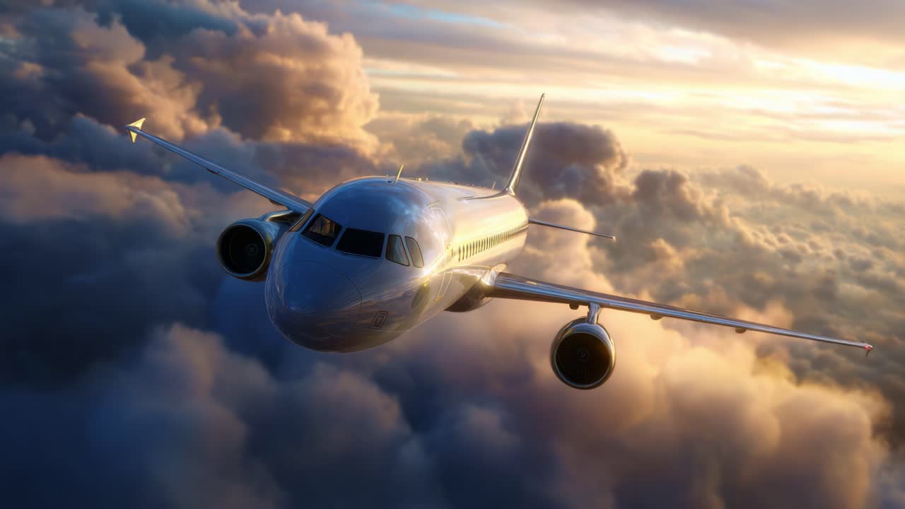 Um avião majestoso voando por entre nuvens vibrantes ao pôr do sol, exibindo a beleza do voo e a vastidão do céu aberto com cores e reflexos impressionantes