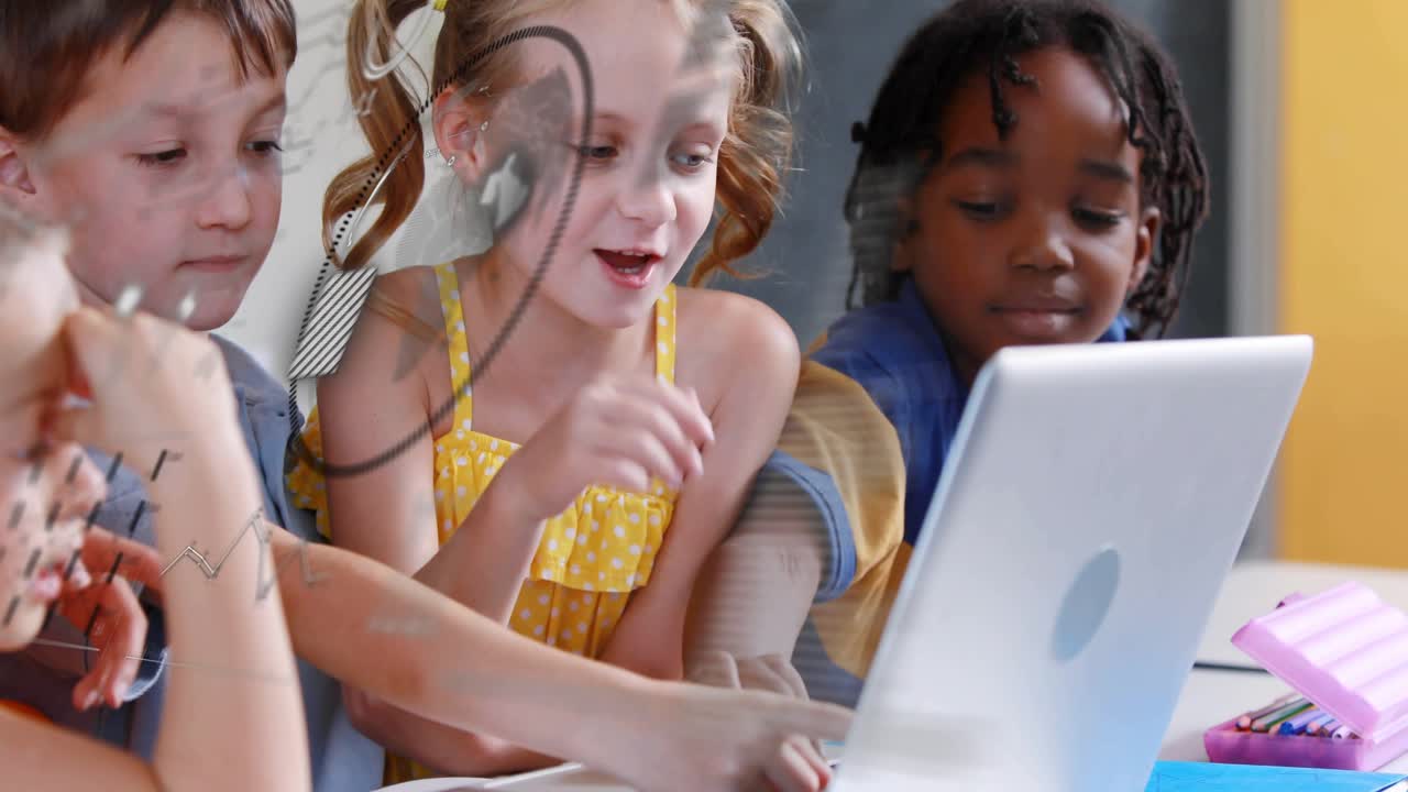 Elementary kids around laptop tapping trackpad and showing animated graphics while learning