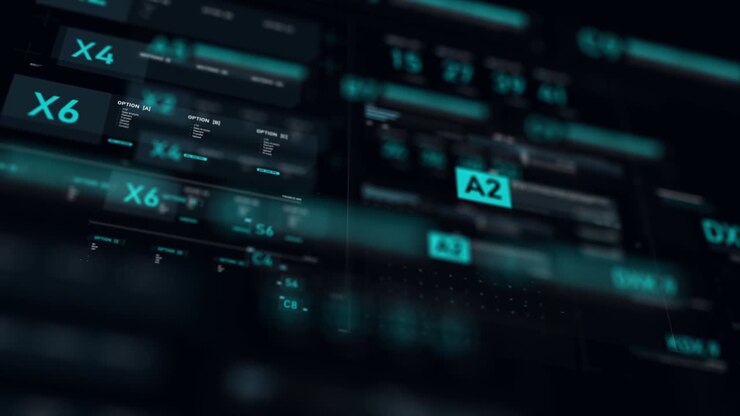 Футуристический пользовательский интерфейс HUD GUI, цифровой текстовый и числовой элемент для концепции кибертехнологий с малой глубиной резкости, темный и обработанный с зернистостью