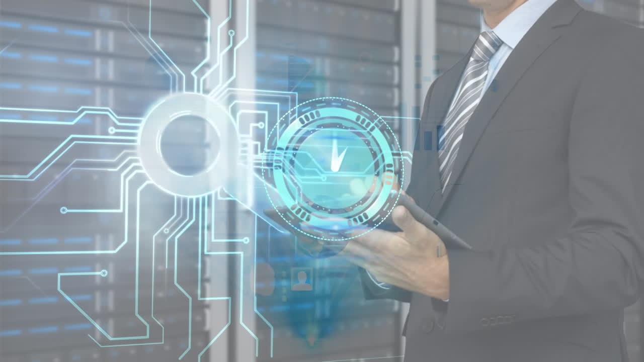 태블릿과 프로세서를 사용하는 사람, 시계의 애니메이션