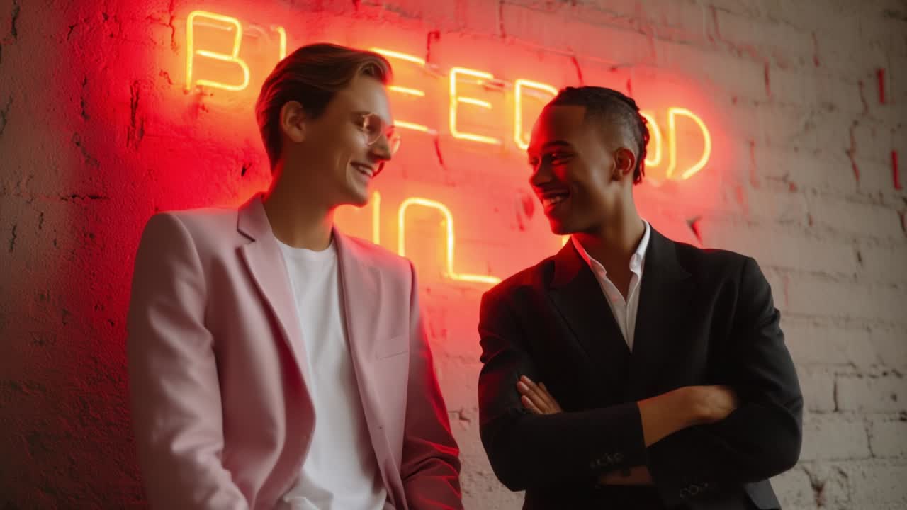 In an illuminated scene, two stylishly dressed men engage in a joyful conversation against a vibrant neon backdrop, highlighting themes of friendship, fashion, and cultural expression in a modern urban environment