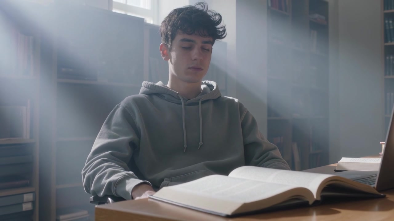 Studerende tenåringsstudent i grå hettegenser lener seg over åpen lærebok på studierom, med bærbar PC.