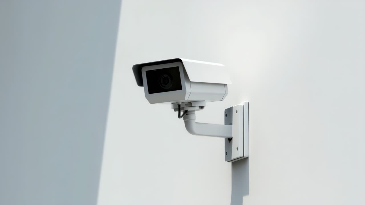 Vista laterale minimalista di una telecamera di sicurezza montata su una parete bianca, che registra filmati video.