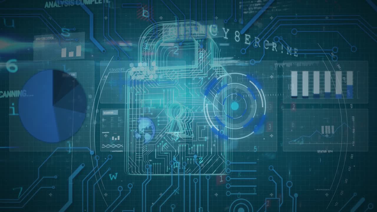 Animation of online security padlock, scope scanning and data processing on blue background