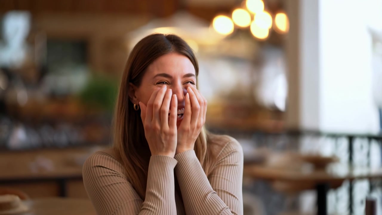 Medium close-up shows woman seated at cozy cafe table, laughing with hands over lower face, shoulders raised, eyes crinkled, surrounded by warm bokeh lights in soft indoor atmosphere
