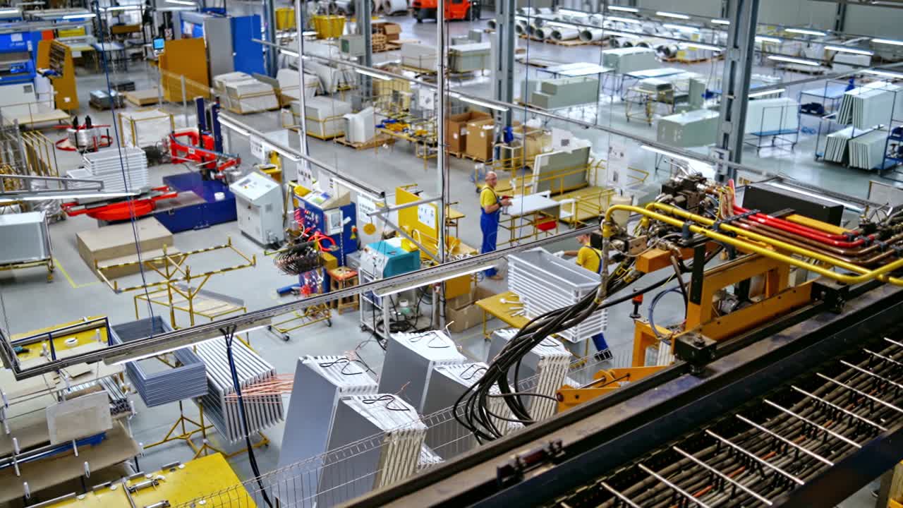 Industrial background view. Manufacturing with people and production line inside factory