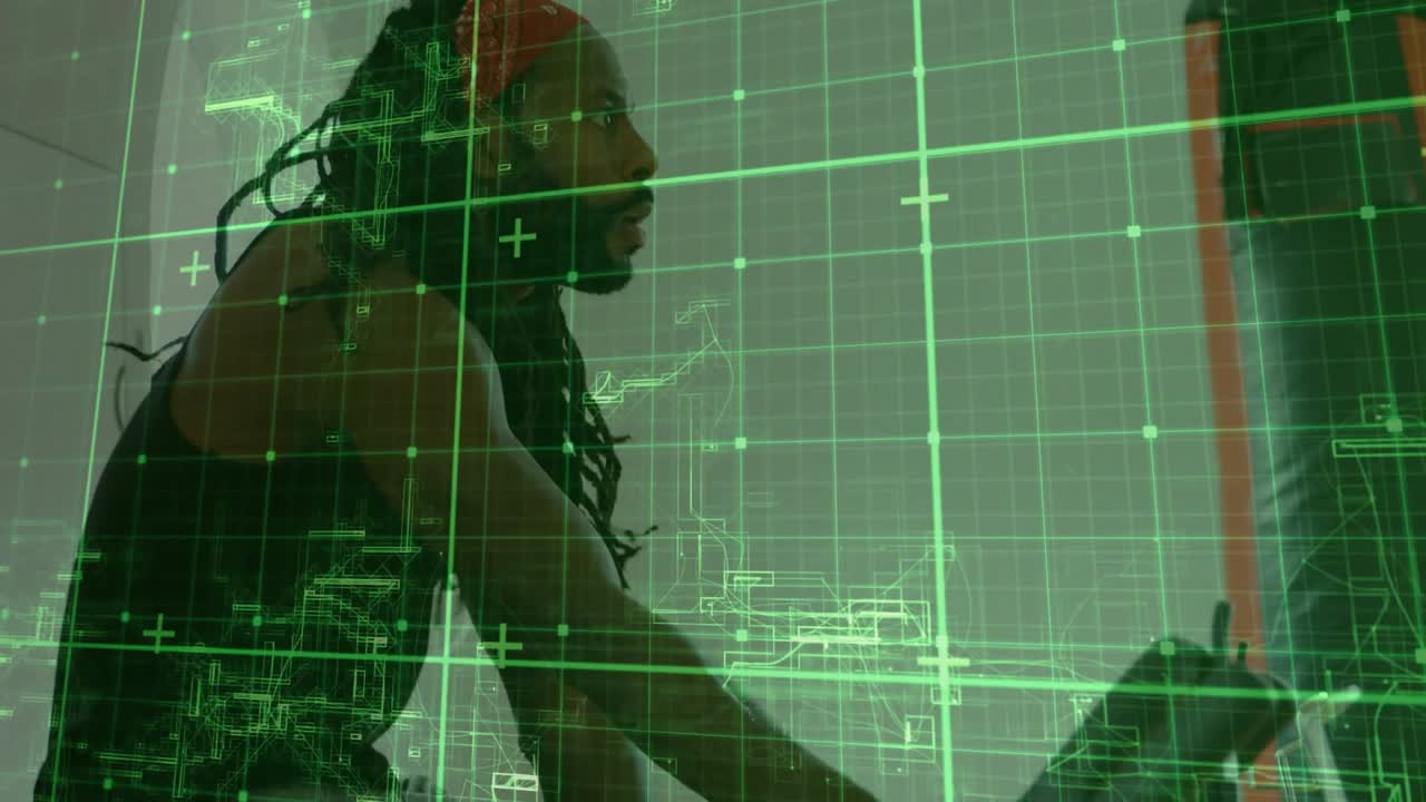 Mature man entering, gripping bars and pedaling exercise bike for fitness while green HUD overlays