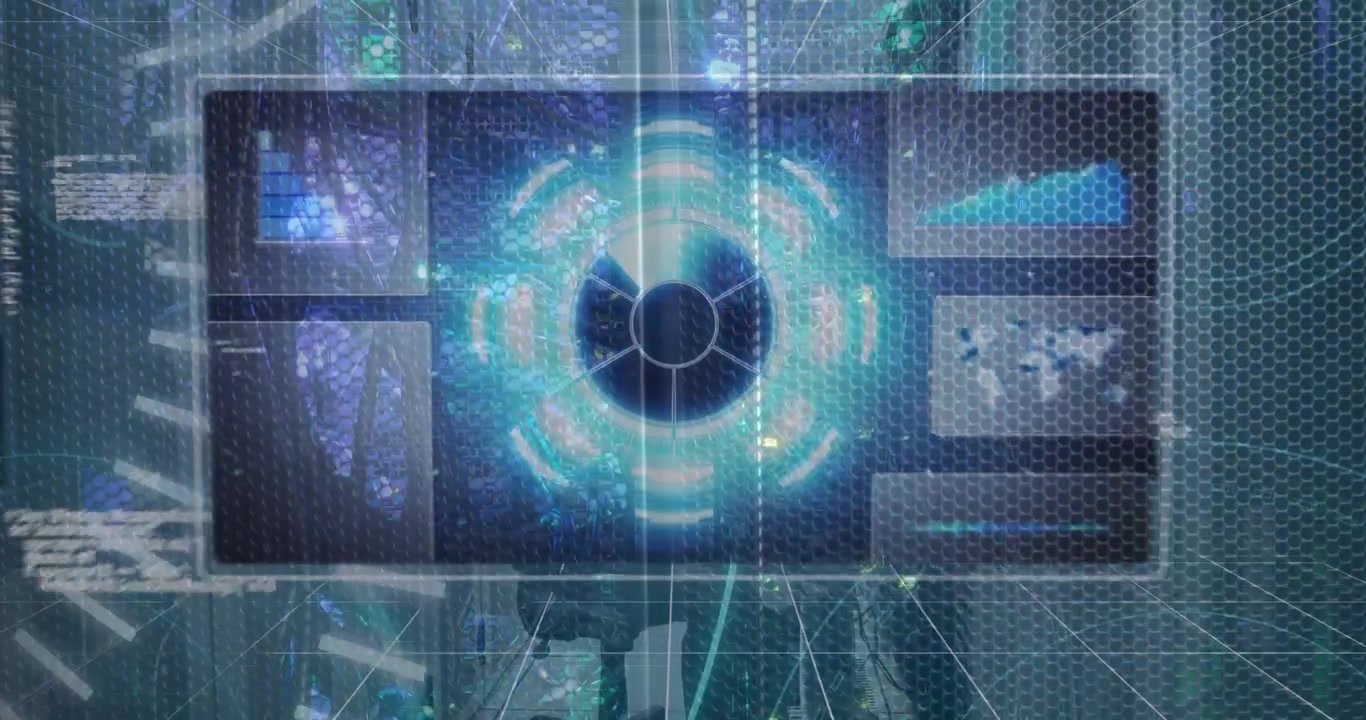 Animation of 5g text and data processing on interface over man and woman working in server room