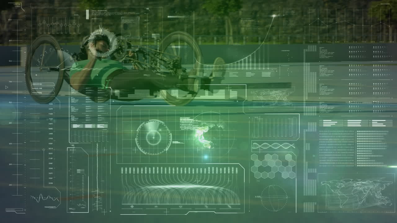 Animation of data processing on digital interface over cyclist on recumbent cycle on sports track