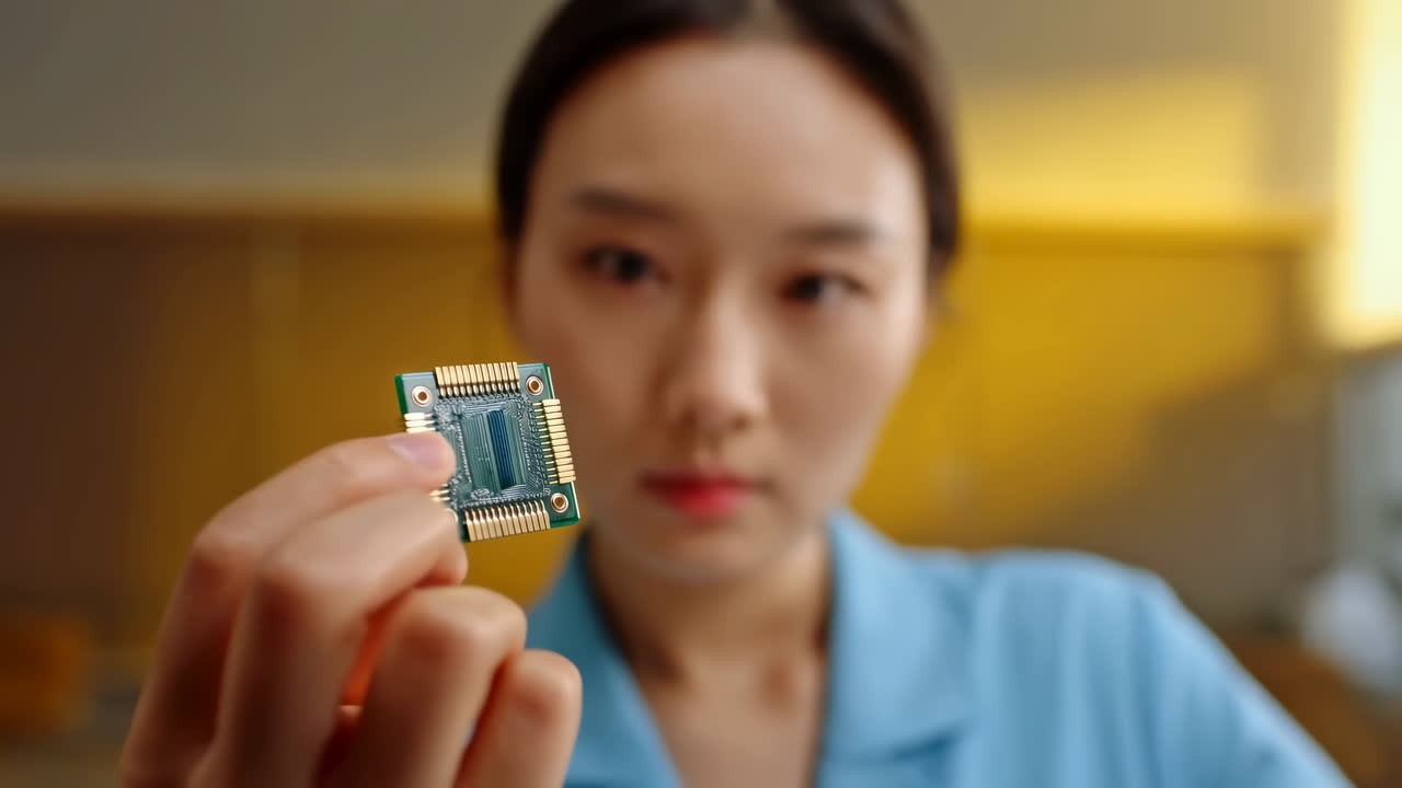Asian Engineer Holding Microchip In Foreground, Examining Tiny Circuit And Processor Components