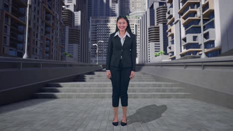 full body of a smiling asian business woman looking at camera in urban city
