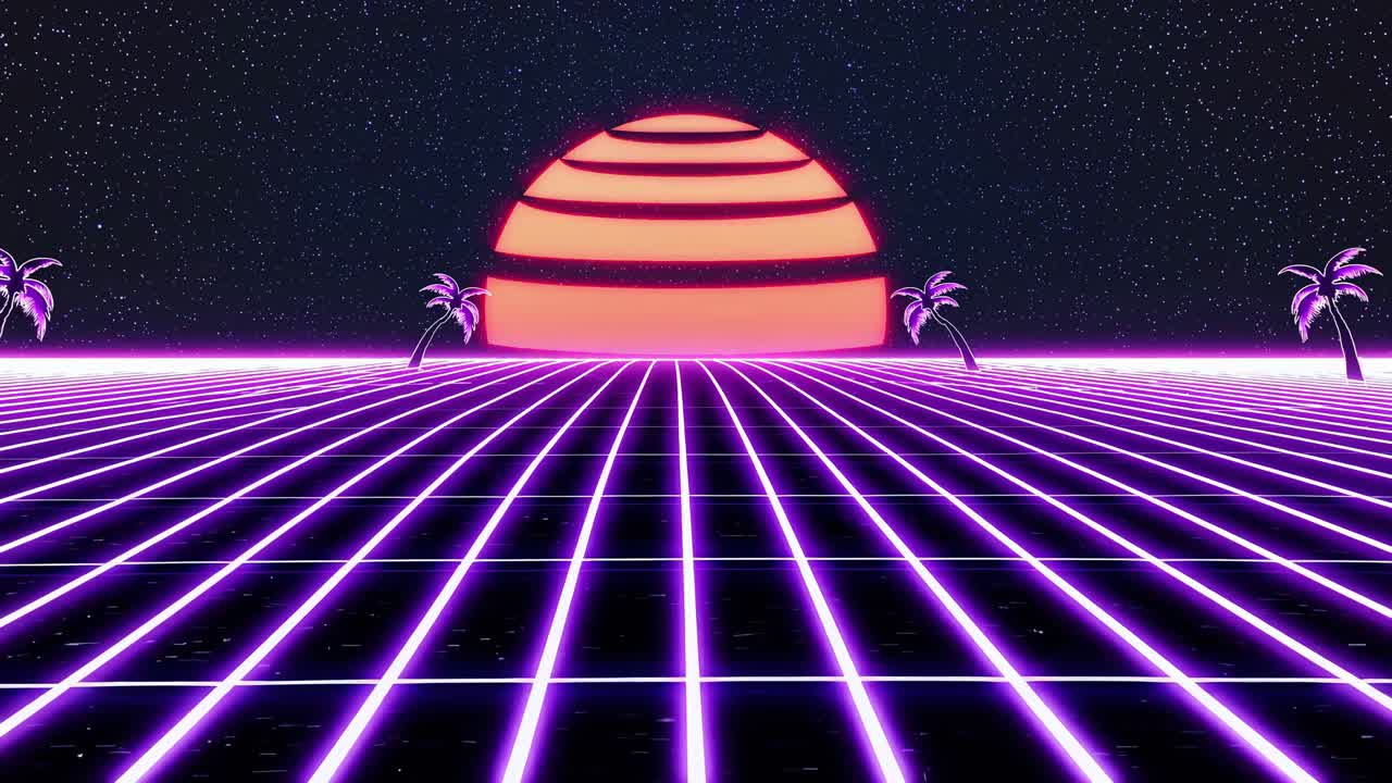 Retro-futuristic video scene with a low-angle view of a neon grid, glowing sunset, and palm trees