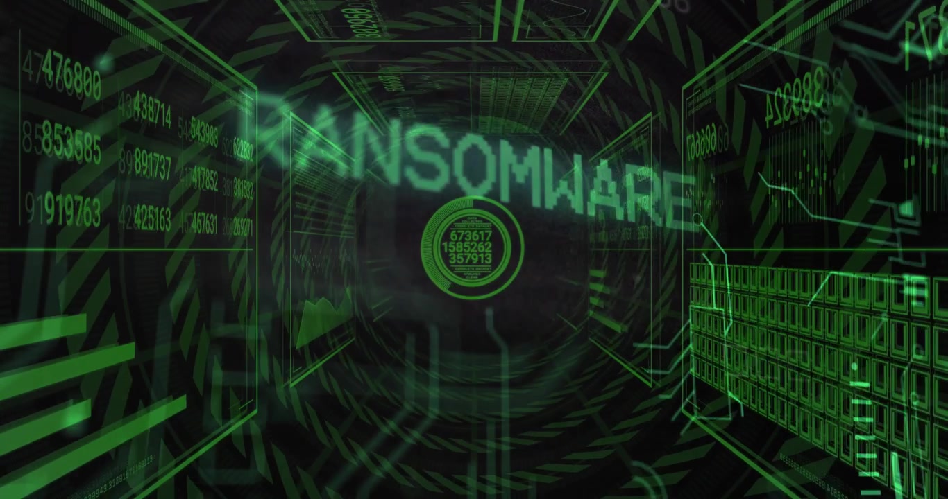 View moving green grid tunnel, revealing emblem forming RANSOMWARE, showing cyber risk