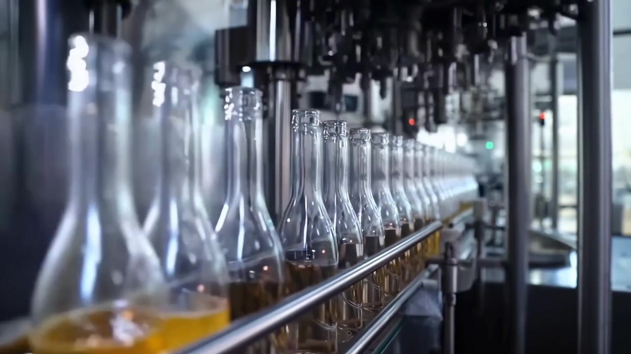 Glasflasker bevæger sig langs en automatiseret påfyldningslinje på en fabrik