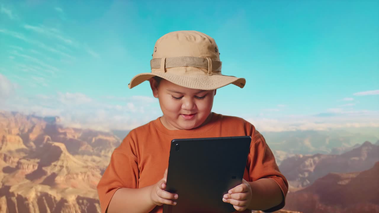 Asian Boy With A Hat Using A Tablet And Smiling While Traveling At The Top Of Mountain. Boy Researcher Examines Something, Travel Tourism Adventure Concept, Close Up