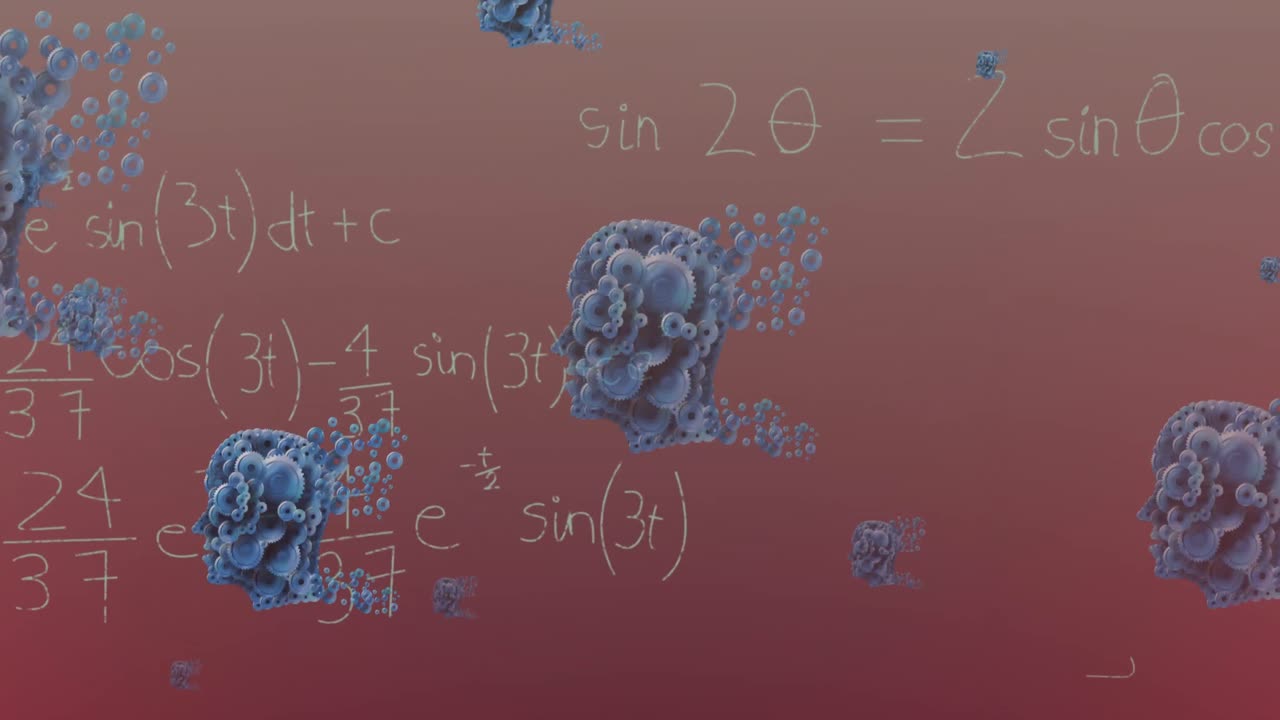 Animation of human head model icons and mathematical equations against pink gradient background