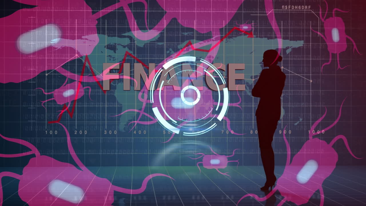 세계 지도와 바이러스 세포에 대한 데이터 처리의 애니메이션.