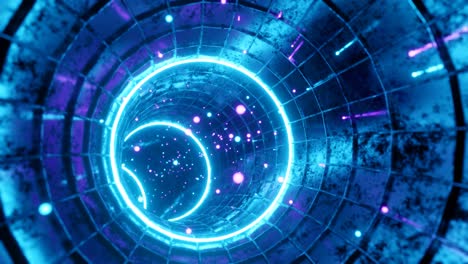 4k seamless loop motion graphics of flying into swirl circle digital tunnel with moving particles. 3d render animation. sci-fi, vfx, hadron collider, cyberpunk motion background