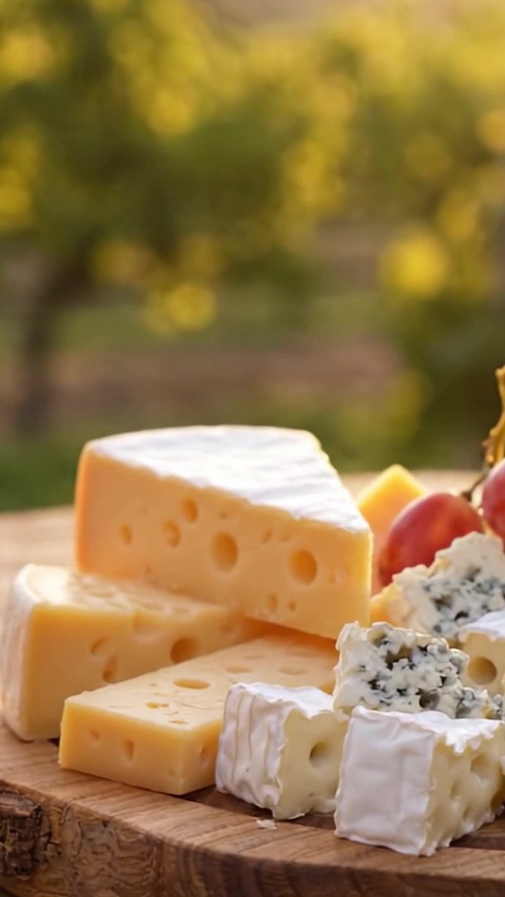 Una Variedad de Deliciosos Quesos Exhibidos en una Tabla de Madera Rústica, Perfectamente Complementados con Uvas y una Copa de Vino Refrescante, Todo Sobre un Exuberante Fondo Verde.