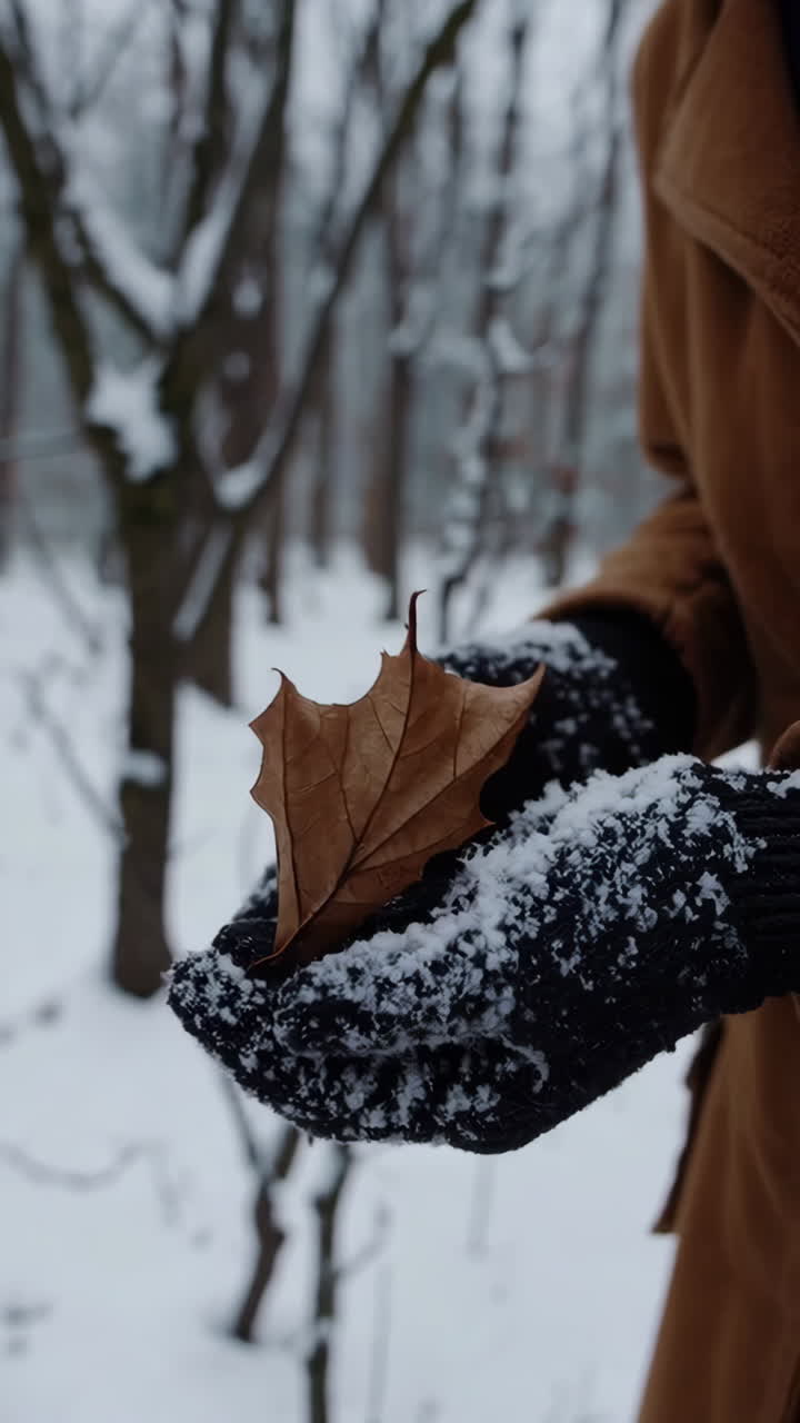 Gloved Hands Holding a Leaf in a Snowy Winter Forest