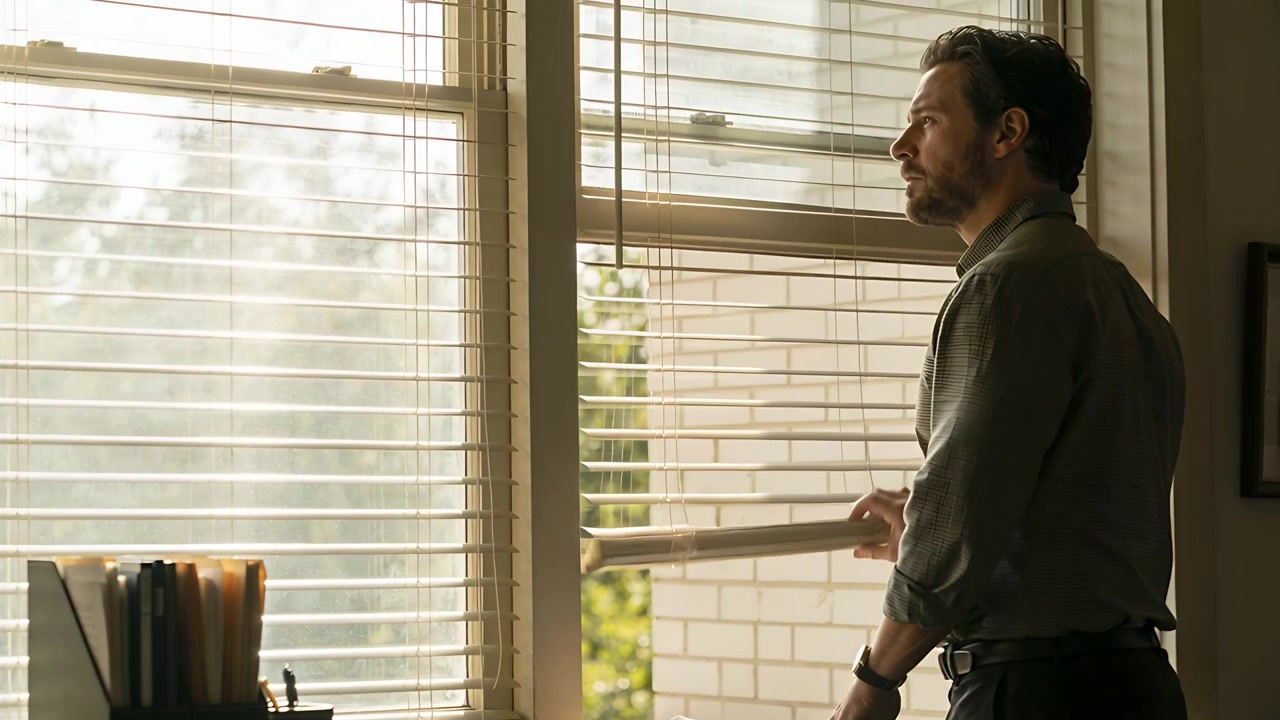 Leaning man in patterned shirt at office window, lifting blind to view, copy space