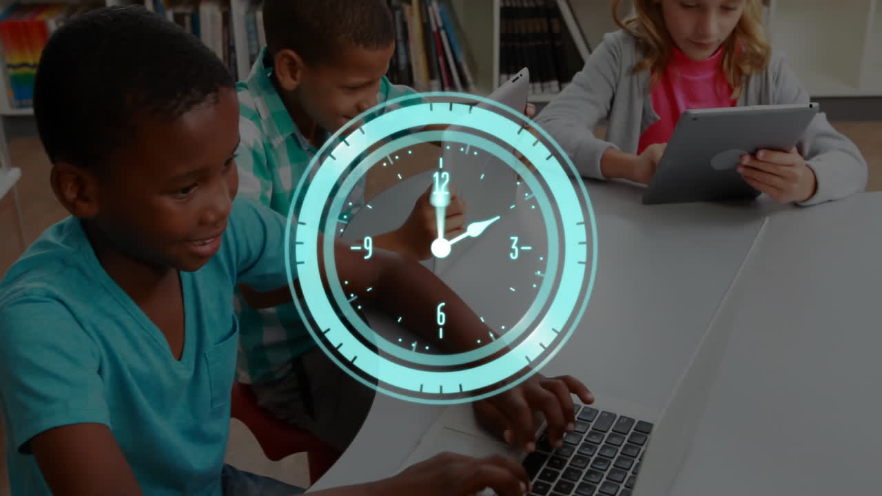 Animation of moving clock over diverse schoolchildren using laptop and tablets