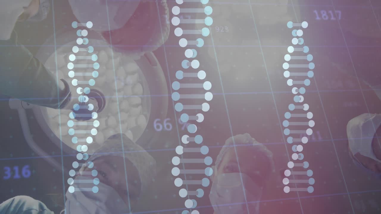 수술 중에 다양한 외과 의사들의 환자 시각에 대한 dna 줄무의 애니메이션과 데이터 처리