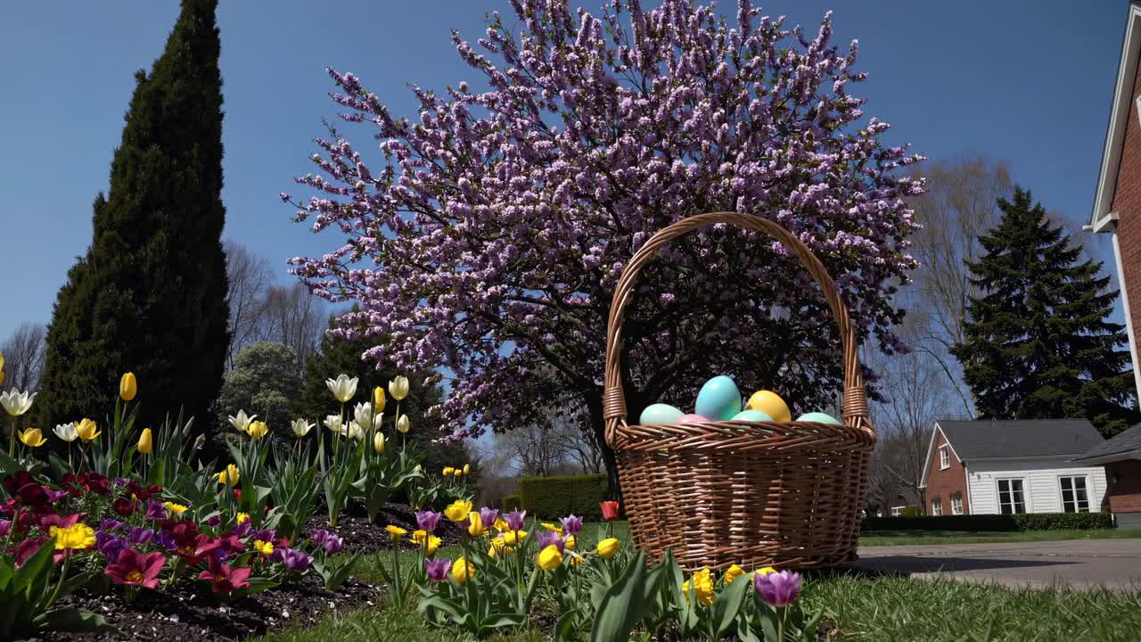 Wicker basket brimming with pastel colored eggs nestled beneath flowering tree blossoms in sunlit spring garden surrounding residential property
