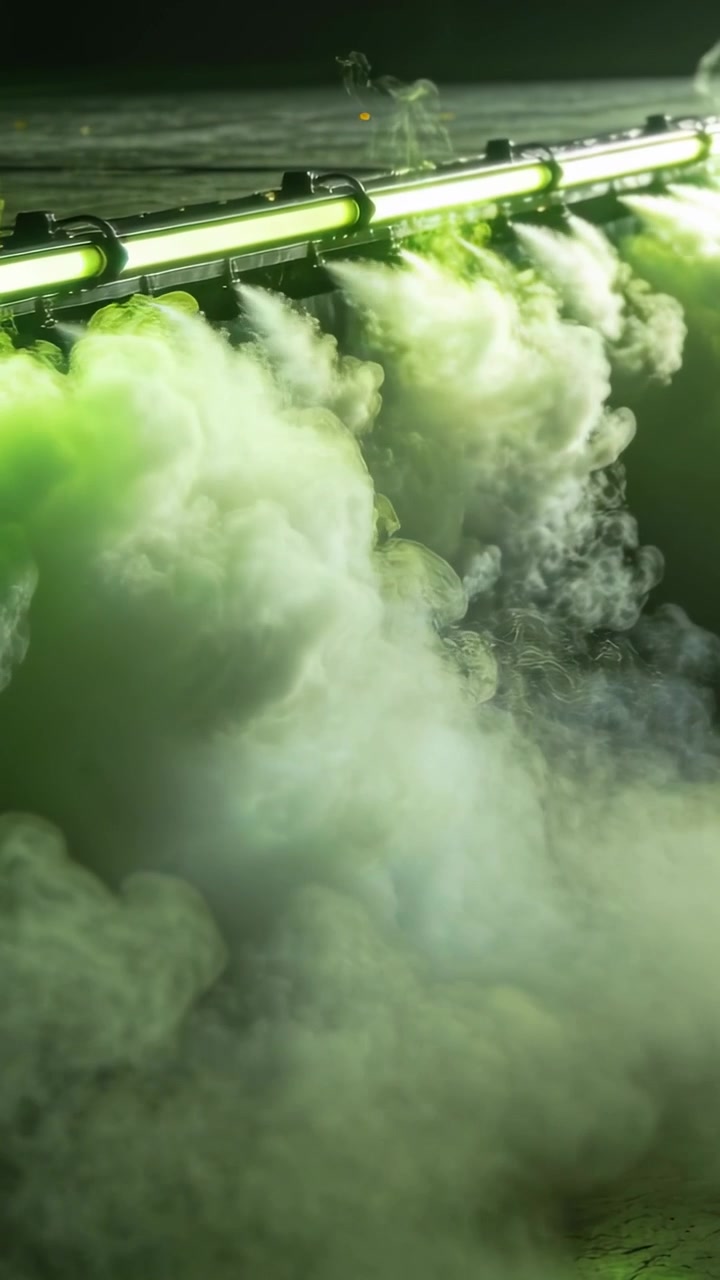 Video verticale: Tubo pulsante che espelle denso vapore verde di notte, formando una nuvola sotto una luce tubolare.