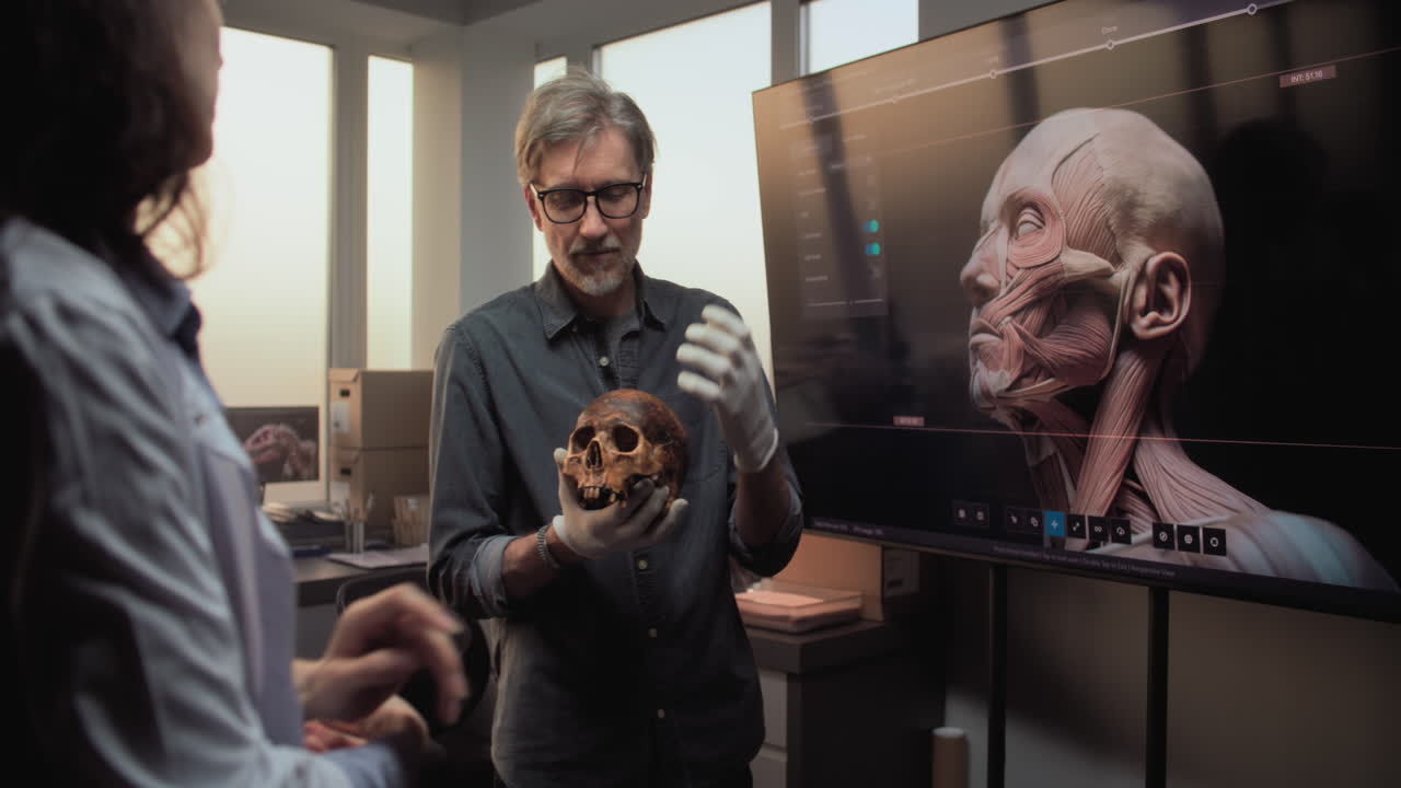 3d 모델과 인간의 두개골으로 해부학 수업