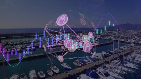 animation of financial data processing over sea port and globe