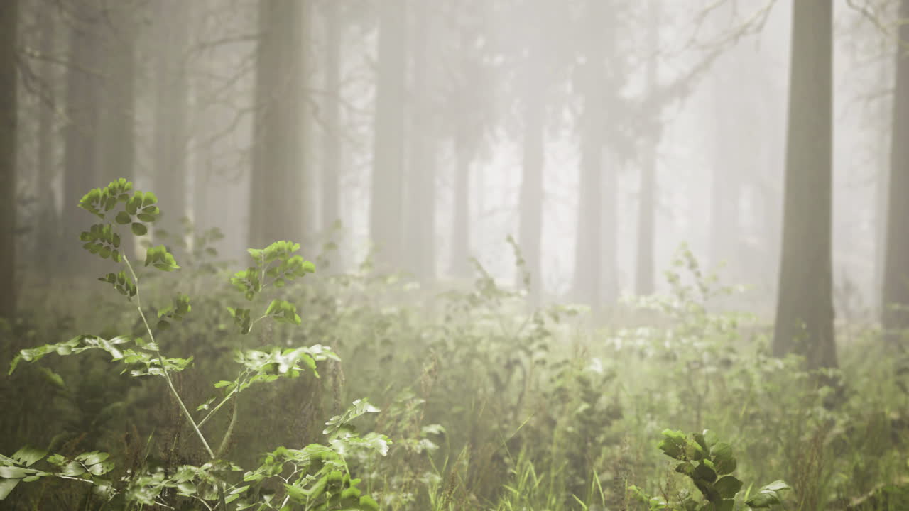 Misty forest landscape with lush greenery and tall trees in morning light