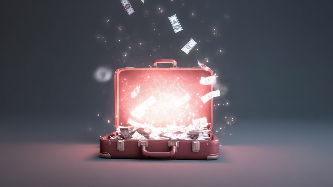 A vibrant suitcase bursts open to reveal a dazzling explosion of flying banknotes, creating a mystical and enchanting scene filled with wealth and wonder, capturing the essence of financial dreams