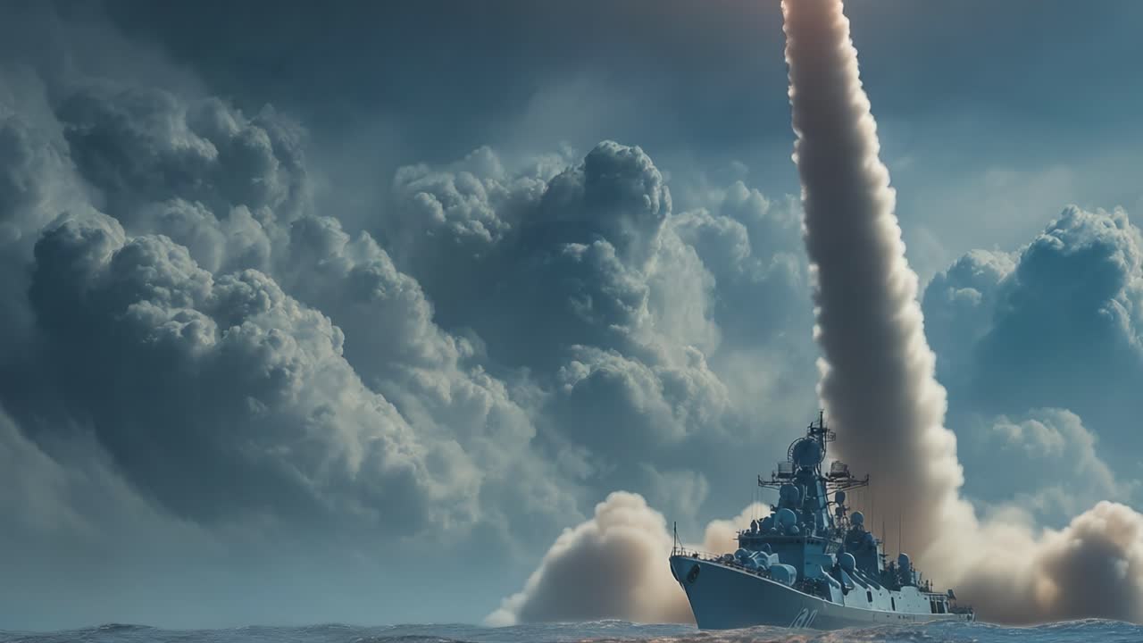 Una nave da guerra lancia un missile tra drammatiche formazioni nuvolose, mostrando la potenza militare e la tecnologia avanzata in un dinamico paesaggio marino.