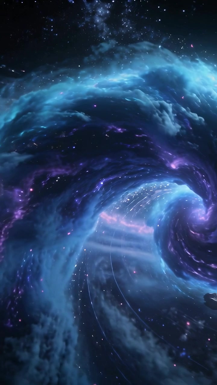 Vertical video: Tightening vortex pulling spiral nebula inward in space, exposing dark rock