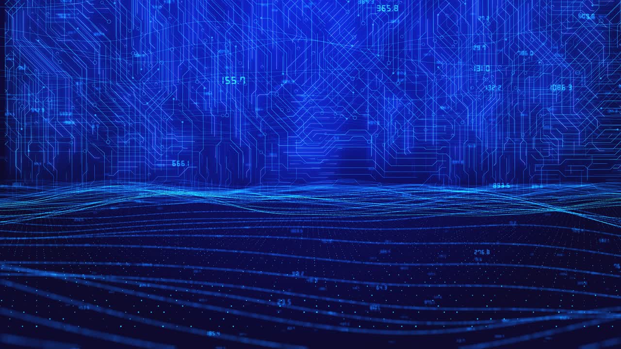 Futuristic animation digital circuit plexus flowing over waves virtual data streams ai interfaces